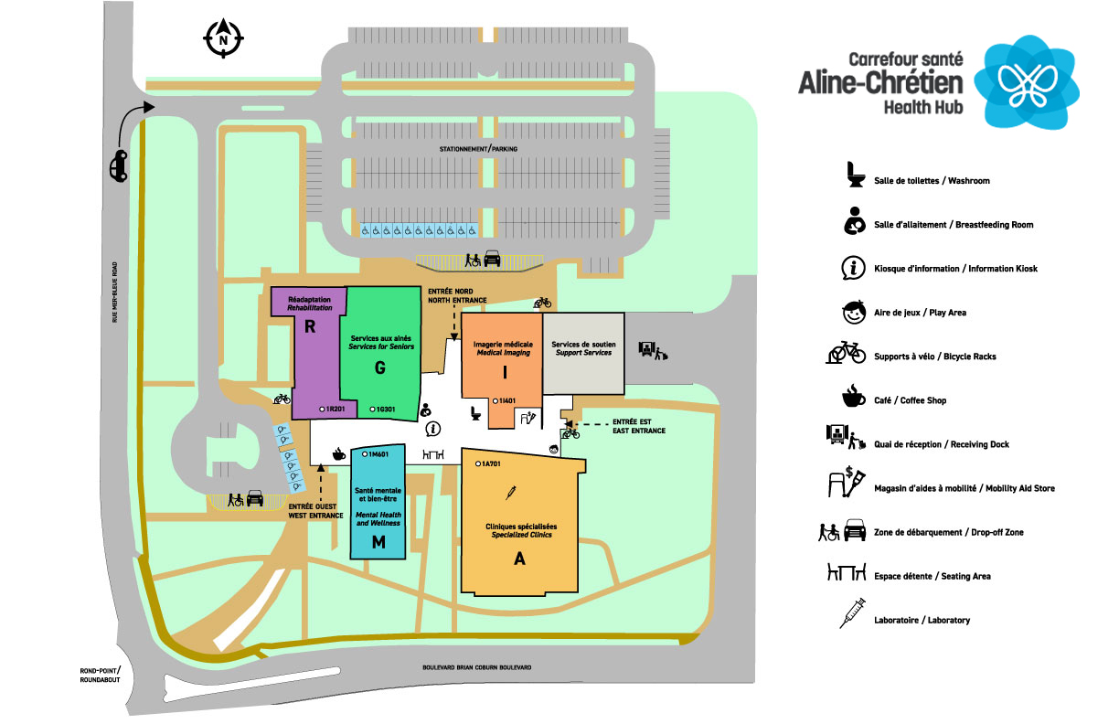 Plan of the Hub which includes the different sections, reception desks, volunteer kiosk, play area, breastfeeding room, main entrances, main washroom, laboratory, mobility aid store, bicycle racks,, parking lot, handicap parking spaces, drop-off zones, coffee shop and rest area.